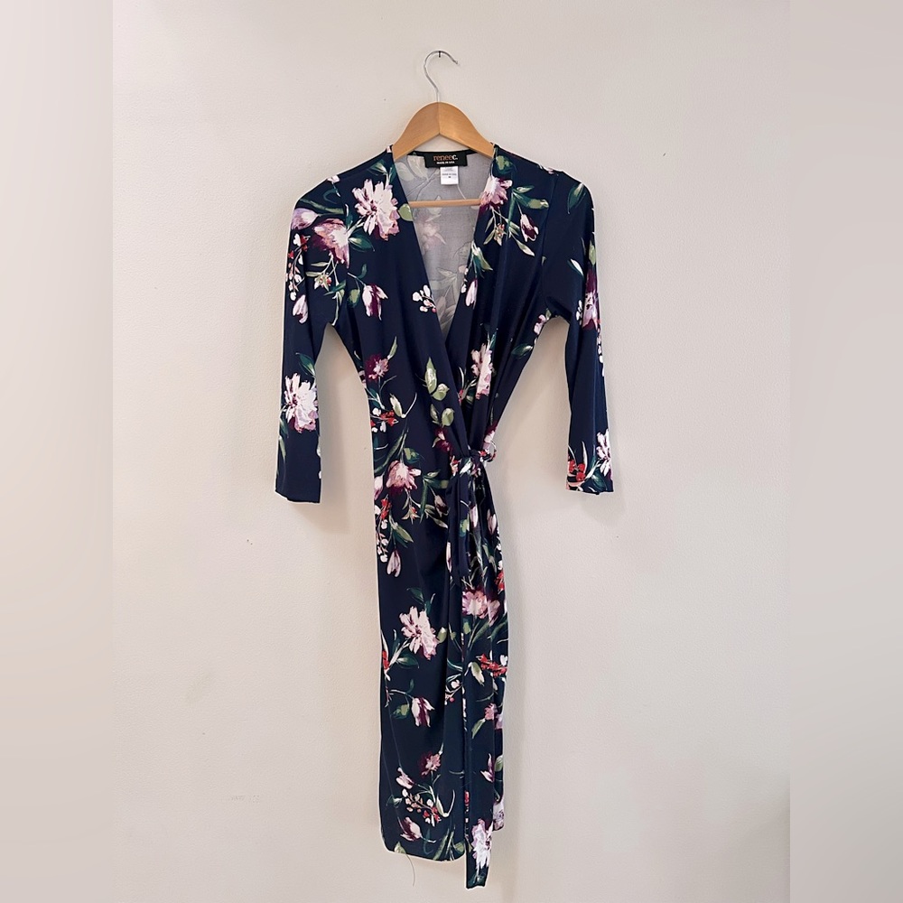 Floral midi wrap dress blue purple summer women’s size M